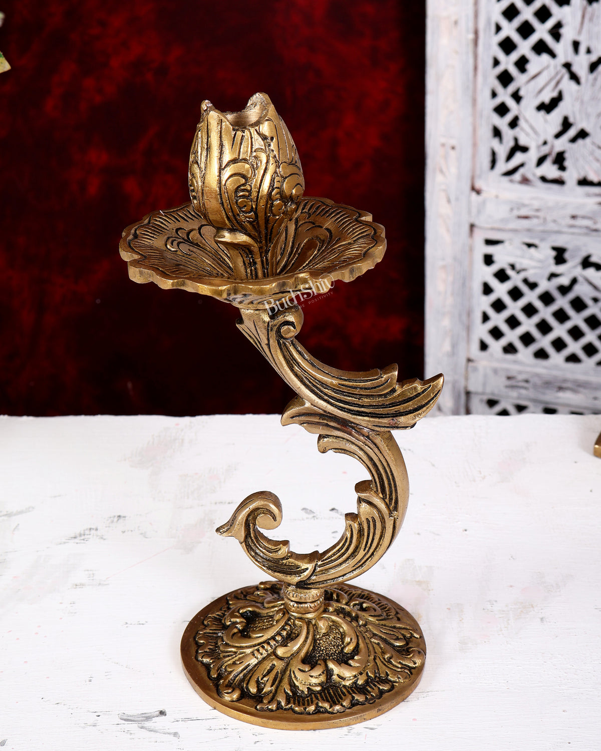 Brass Floral Design Candle Stand — English Style 9 inch