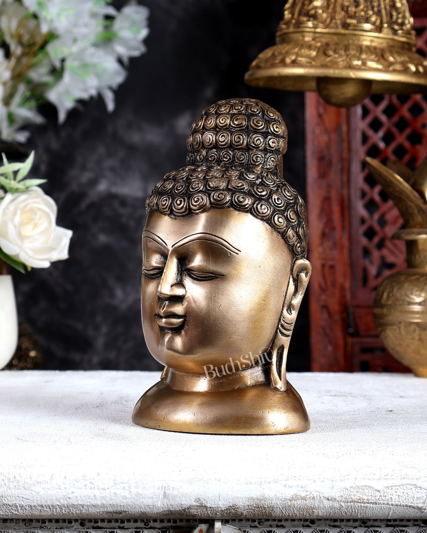 Brass Unique Buddha Face Statue – Handcrafted Meditative Spiritual Sculpture 6.5 inch