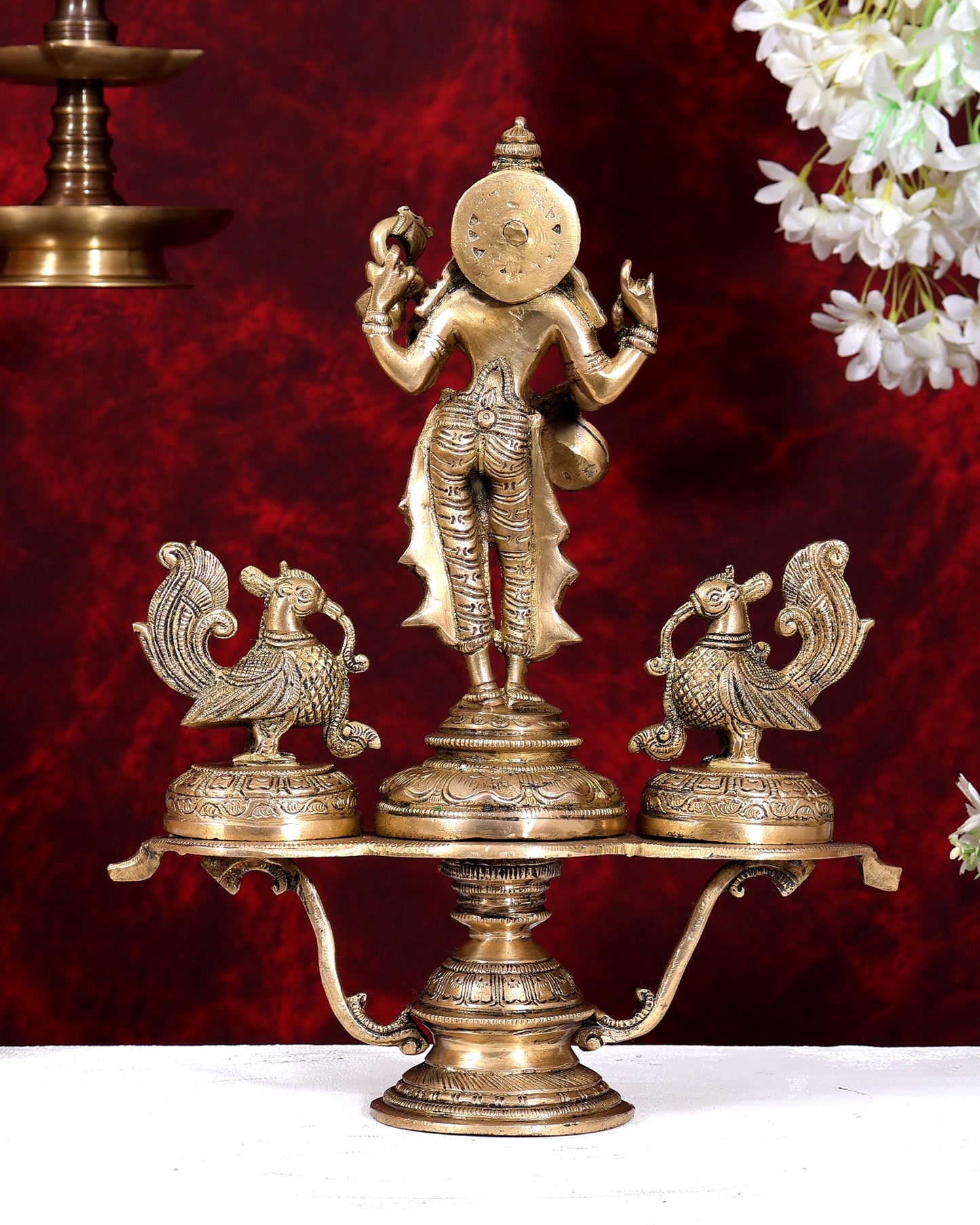Brass Saraswati with Two Swans — Unique Statue 14.5 inch