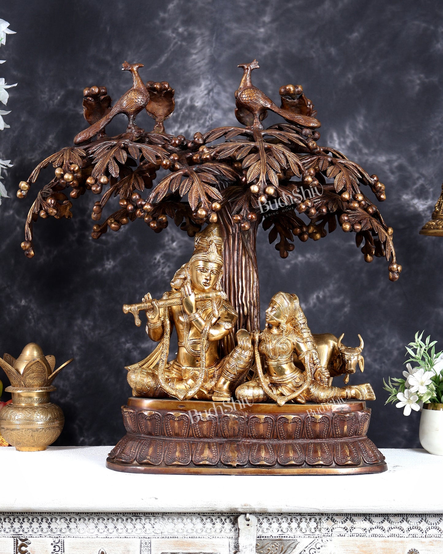 Brass Radha Krishna with Cow and Tree - 24 inch