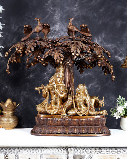 Brass Radha Krishna with Cow and Tree - 24 inch