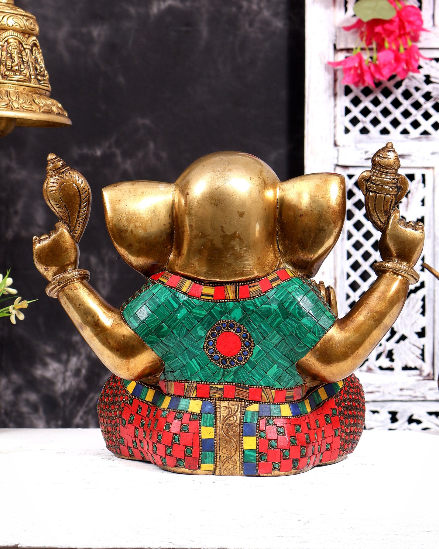 Large Brass Ganesha Statue - 11 Inch beautiful stonework