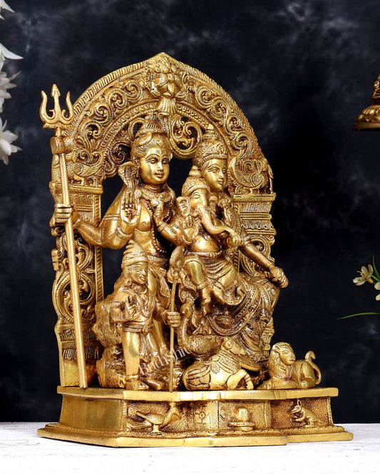 Brass Shiv Parivar statue  12 inch matte golden tone