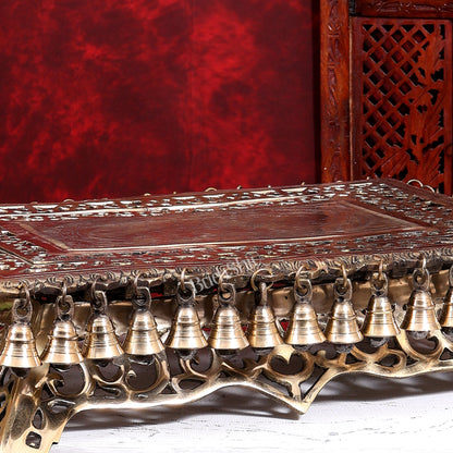 Brass Rectangular Chowki Pedestal for God Idols with Bells | 21 Inch Temple Stool