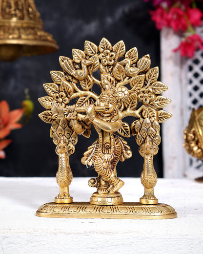 Brass Lord Krishna with Kalpavriksha and Two Peacocks Idol 5 inch