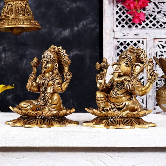 Brass Lord Ganesha and Goddess Lakshmi on Lotus — Pair, Crossed Legs 7 inch