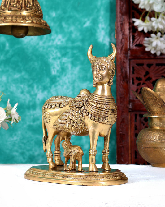 Superfine Brass Kamadhenu Cow and Calf with wings and goddess face Idol 8.5 inch enhanced