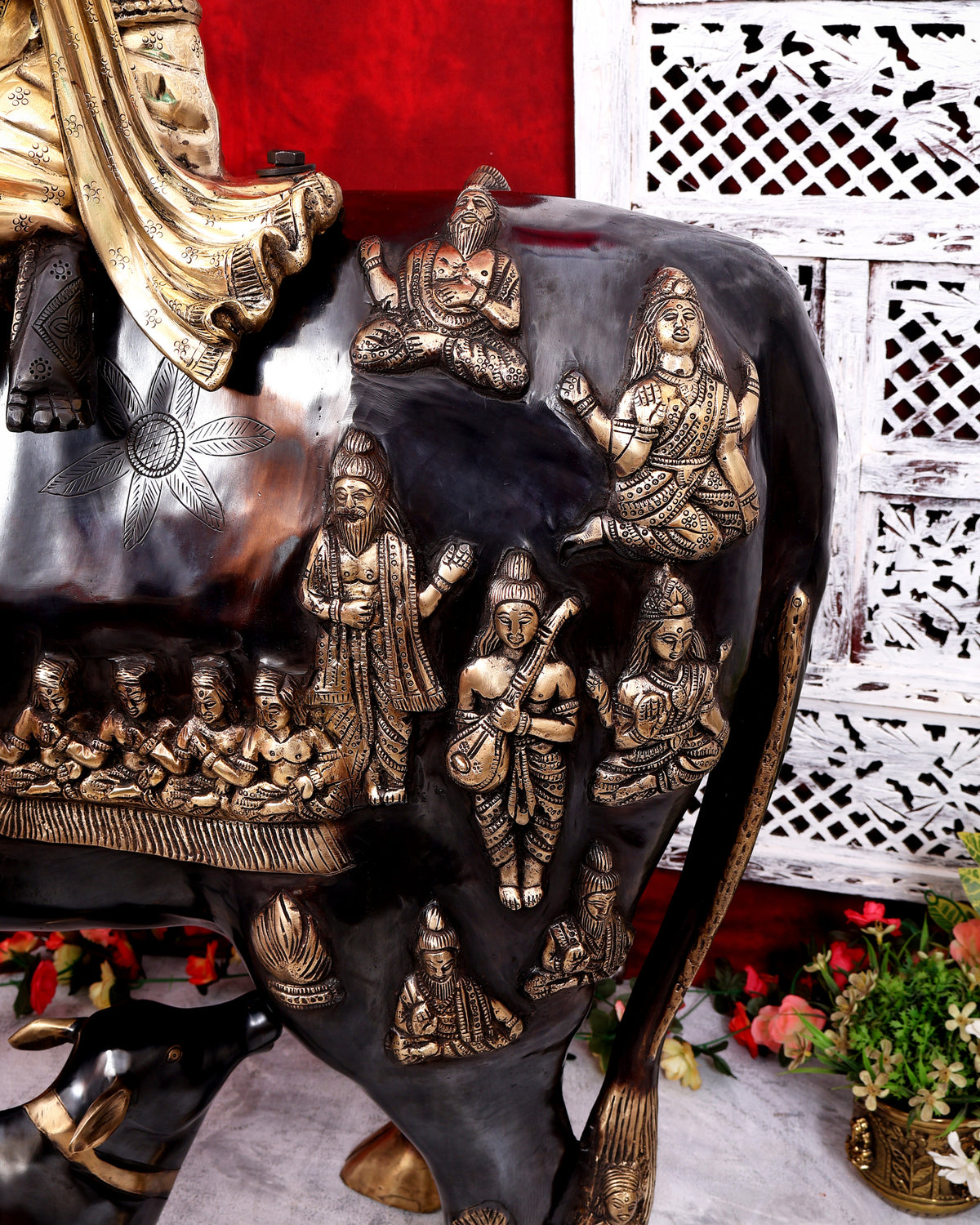 Brass Large Krishna Sitting on Cow Statue — Black and Gold Finish 43 inch tall