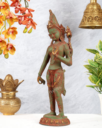 Vintage Brass Standing Green Tara Statue – Antique Patina with Red Sand Finish (16.2 Inches)