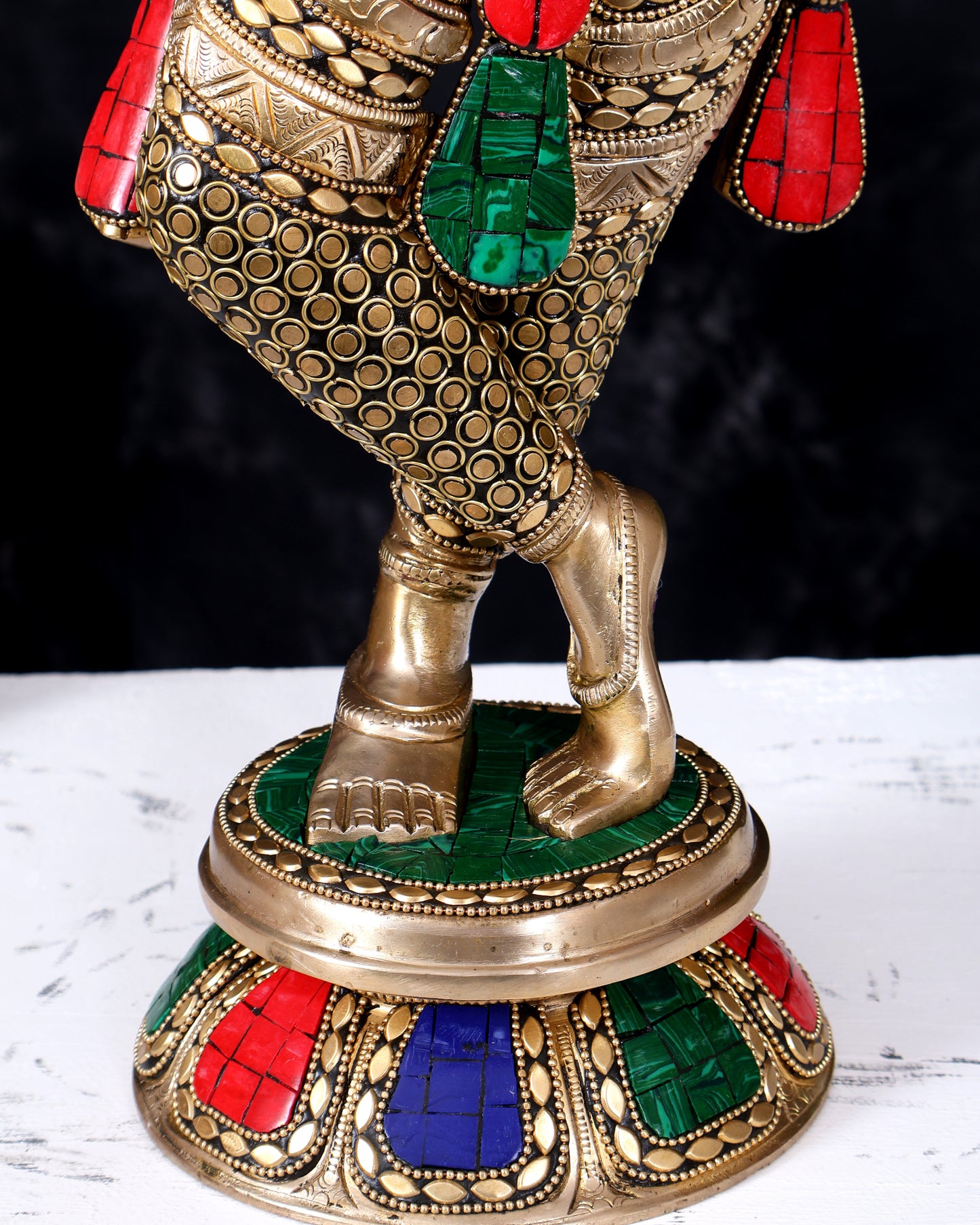 Brass Krishna Statue with Rings and Stonework 23 inch