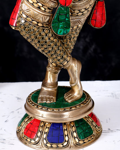 Brass Krishna Statue with Rings and Stonework 23 inch