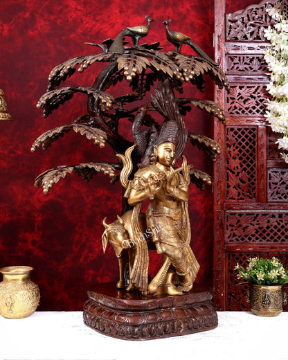 Brass Lord Krishna with Cow under Kalpavriksha – Large Statue 33" antique finish