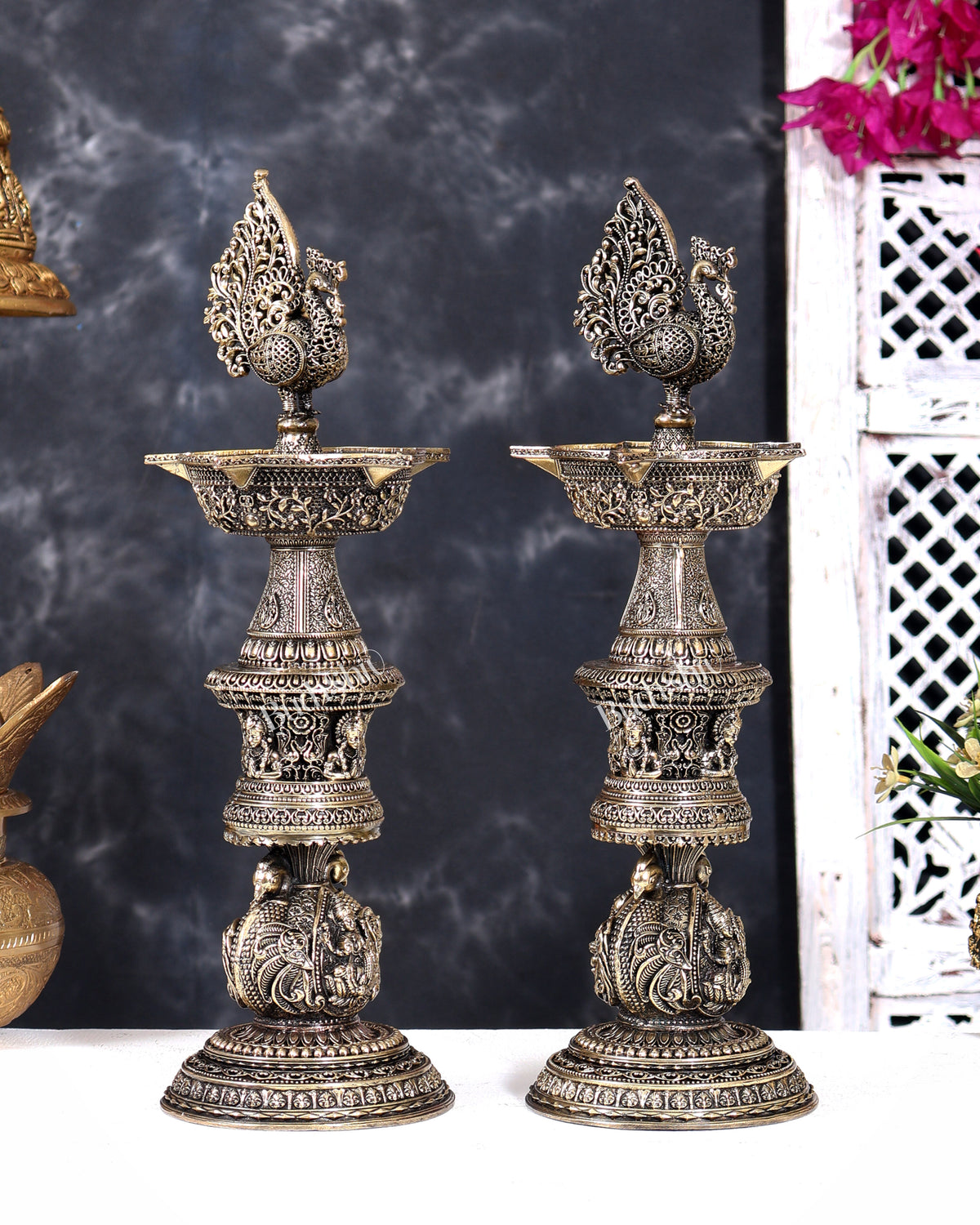 Brass Superfine Annam Pakshi Design Peacock Lamp with Ganesh Lakshmi Carvings 14 inch