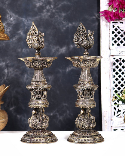Brass Superfine Annam Pakshi Design Peacock Lamp with Ganesh Lakshmi Carvings 14 inch