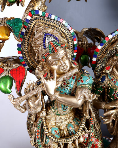 Premium Pure Brass Radha Krishna under Vrindavan Tree with Meenakari Stonework – Grand Handcrafted Temple Sculpture 30 inch tall