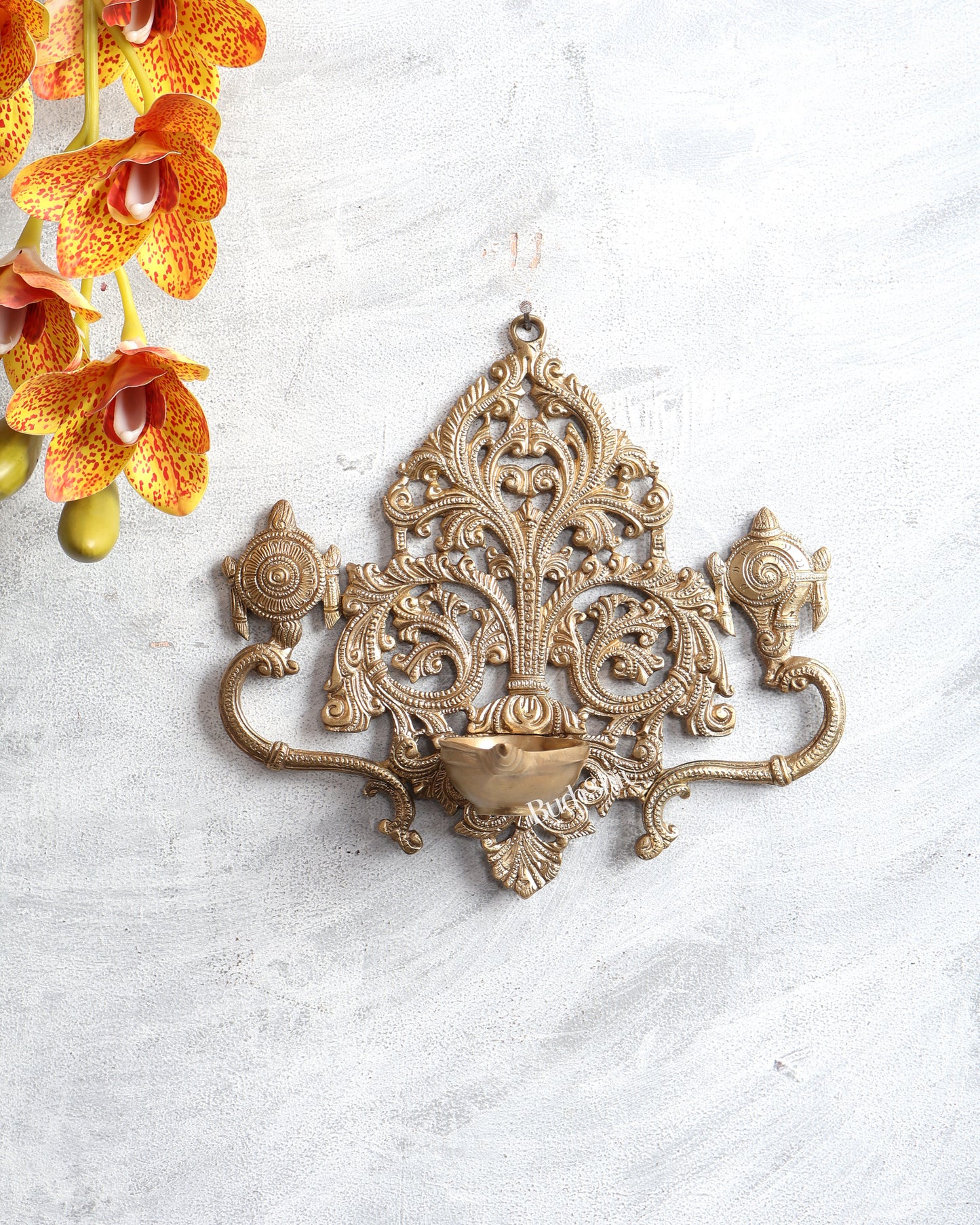 Bronze Shankh Chakra Wall Hanging Oil Lamp Diya – Traditional Divine Deepam 9 inch