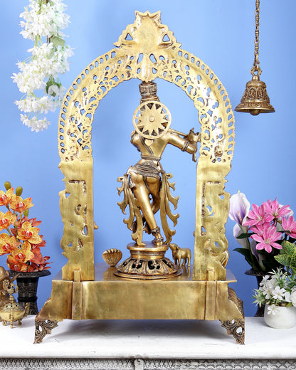 Premium Brass Lord Krishna with Cow, Calf, Sheshanaag, Sudama & Kirtimukha Prabhavali – Grand Venugopala Sculpture (36.5 Inches)