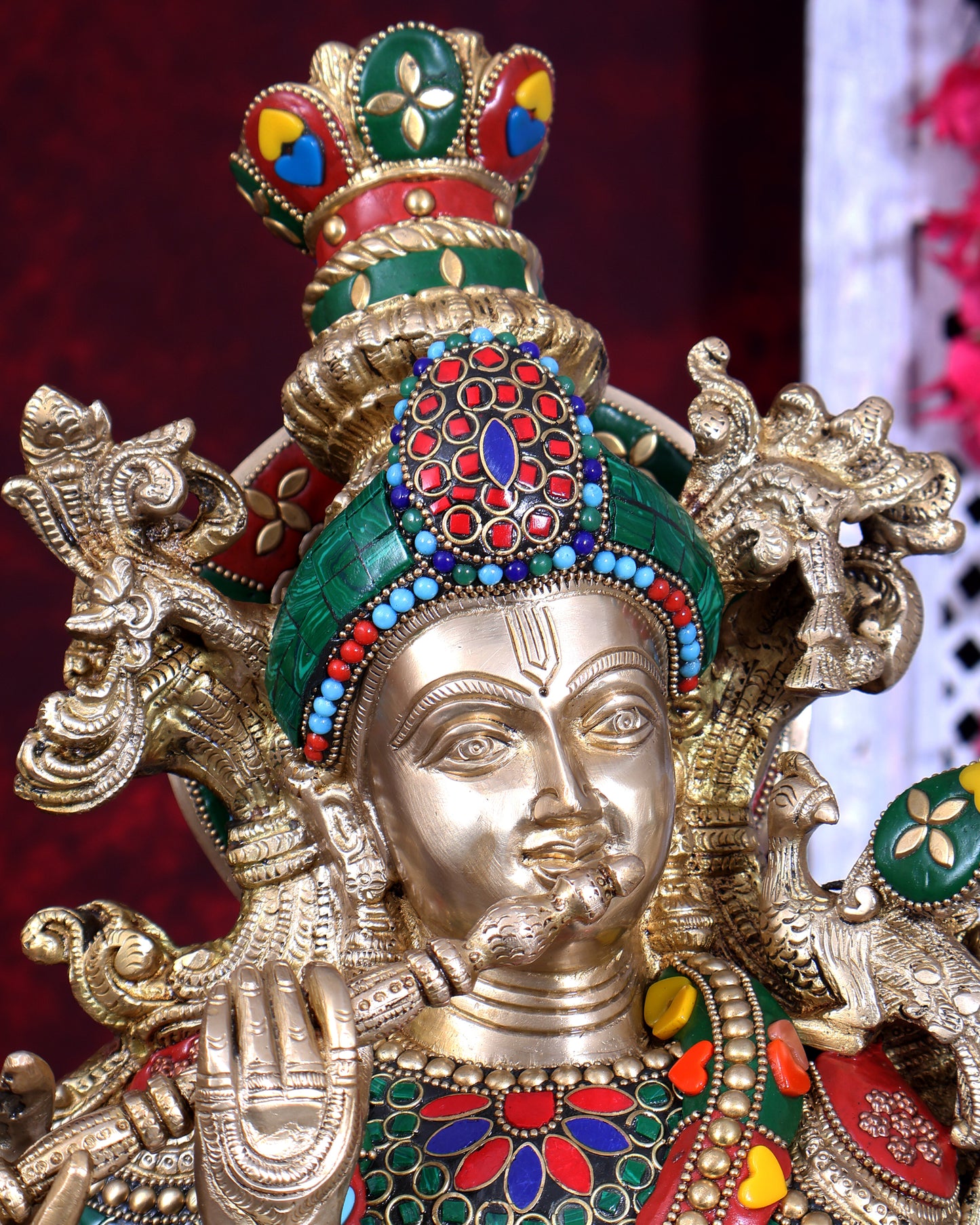 Pure Brass Lord Krishna with Cow with stonework 29 inch