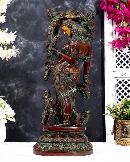 Vintage Brass Apsara Holding Parrot with Attendant statue 18 inch