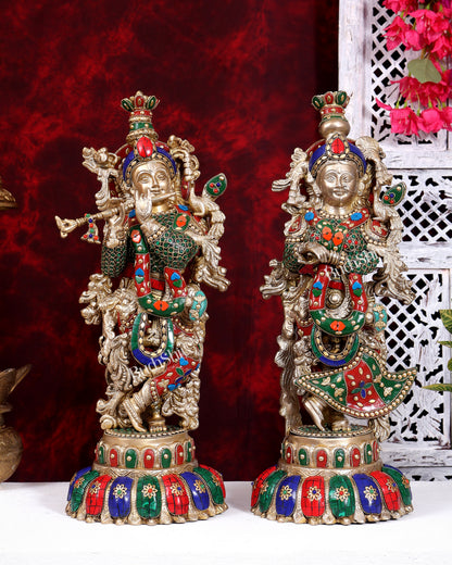 Brass Radha Krishna Idols on Lotus Base – Fine Craft Divine Pair (21 Inch) meenakari Stonework