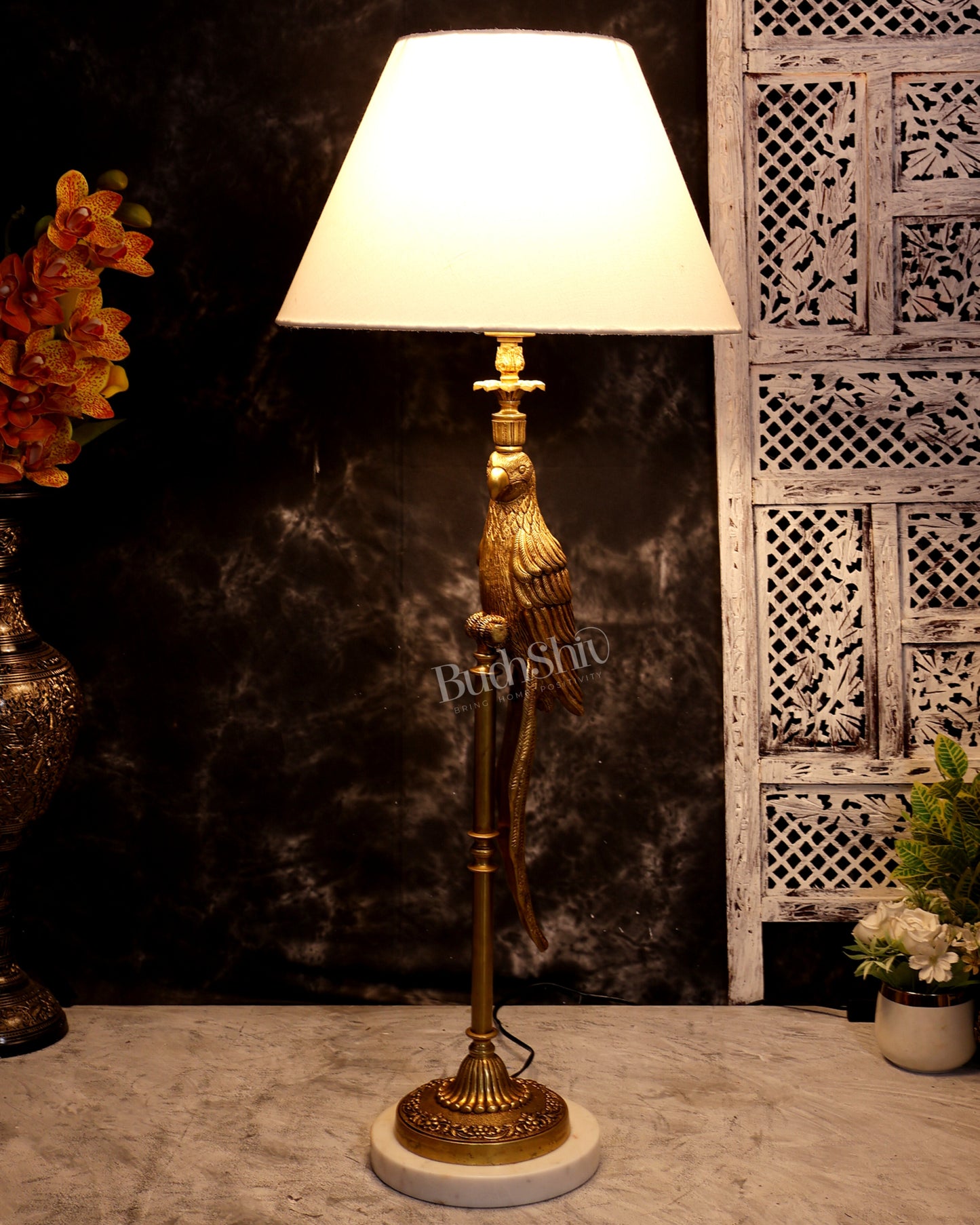 Suvarna Shuka — Designer Brass Parrot Table Lamp with White Shade & Marble Base