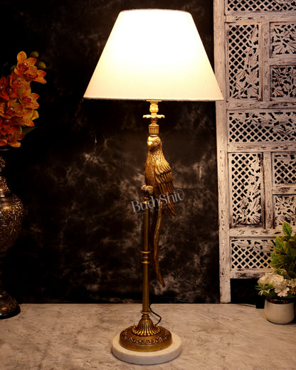 Suvarna Shuka — Designer Brass Parrot Table Lamp with White Shade & Marble Base