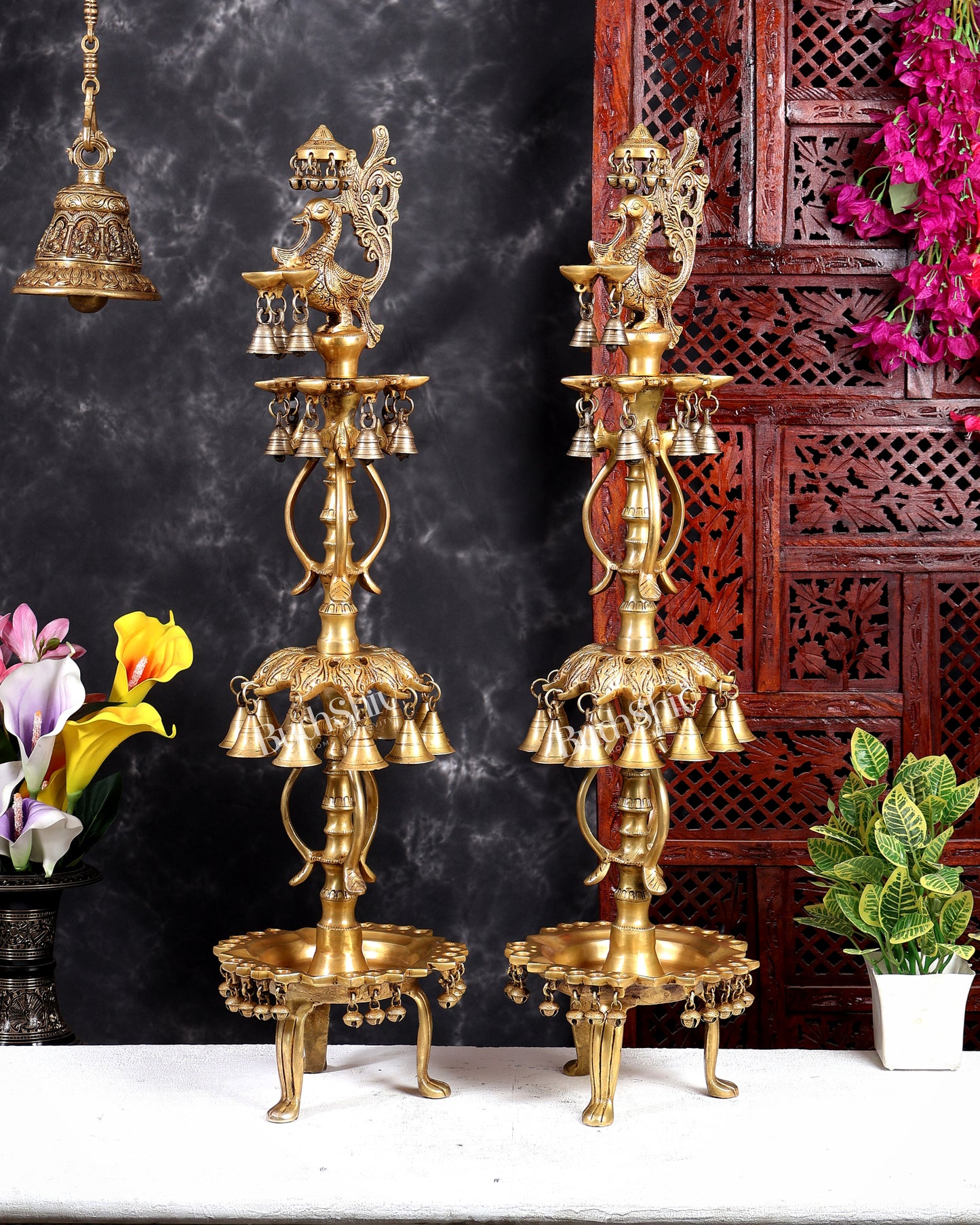 Brass Peacock Oil Lamp with Bells & Multiple Diyas Pair – Grand Traditional Temple Samai Deepam 34 inch