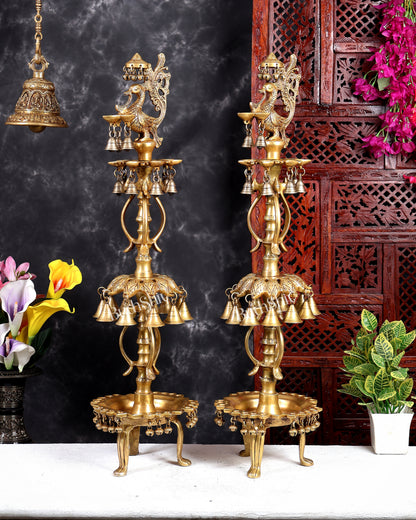 Brass Peacock Oil Lamp with Bells & Multiple Diyas Pair – Grand Traditional Temple Samai Deepam 34 inch