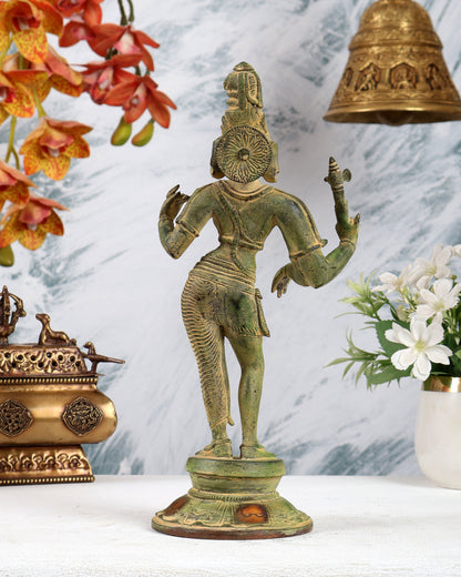 Vintage Brass Ardhanarishwara Idol – Green sand Tone Shiva Shakti Sculpture (11.2 Inch)