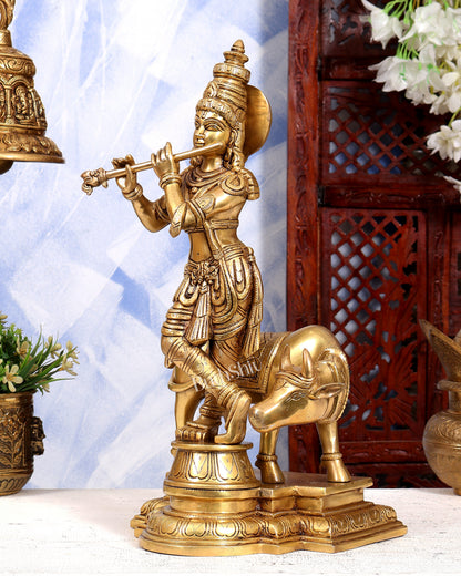 Brass Superfine Lord Krishna with Cow Idol | Highly Detailed South Indian Style | Pure Brass Krishna Sculpture 16 inch