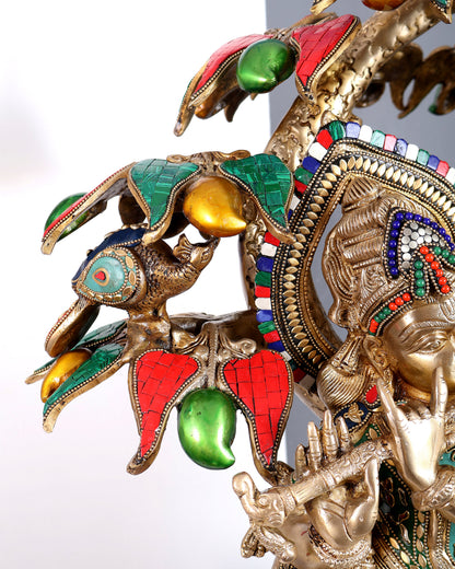 Premium Pure Brass Radha Krishna under Vrindavan Tree with Meenakari Stonework – Grand Handcrafted Temple Sculpture 30 inch tall