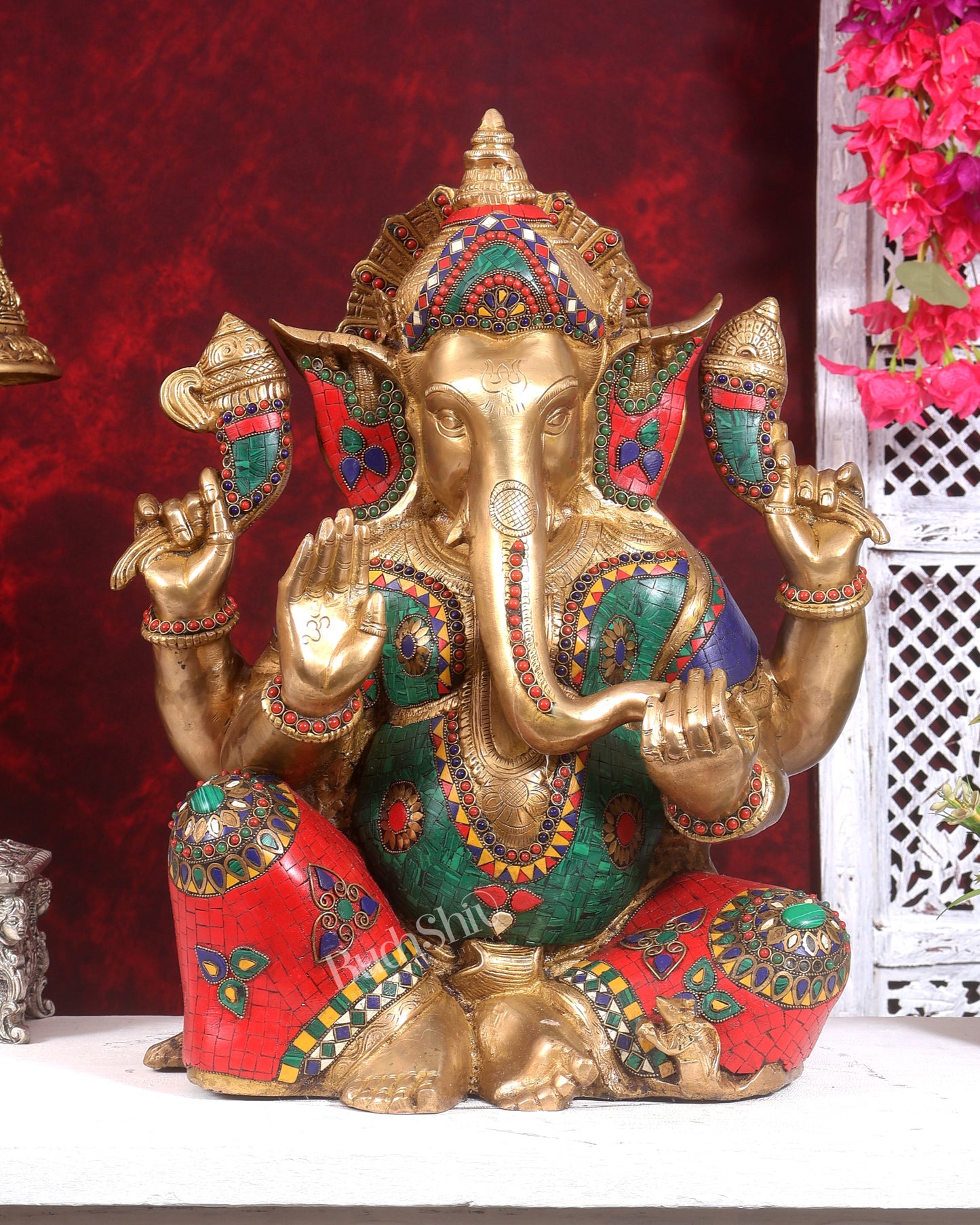 Pure Brass Lord Ganesha Statue - 20 Inch with stonework