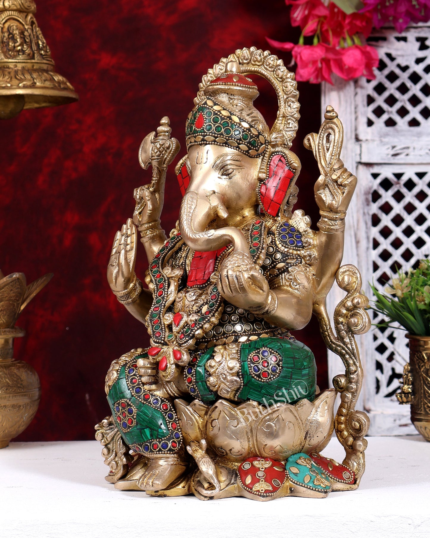 Kamalasana Ganesha Brass idol with stonework 12 inch Ganpati on lotus base