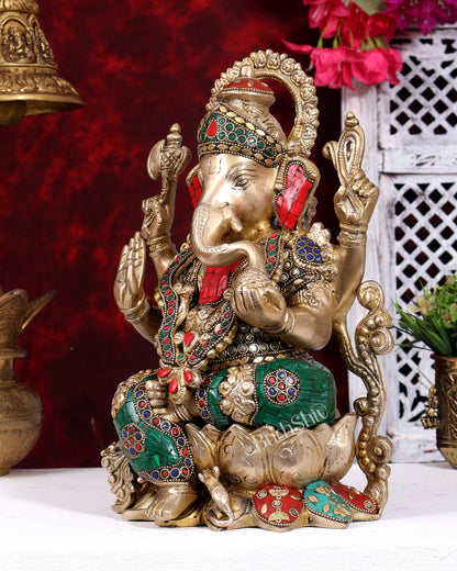 Kamalasana Ganesha Brass idol with stonework 12 inch Ganpati on lotus base