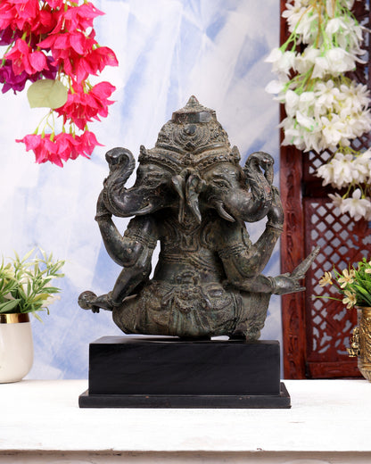 Vintage Indonesian Bronze Three-Faced Lord Ganesha Statue 12"