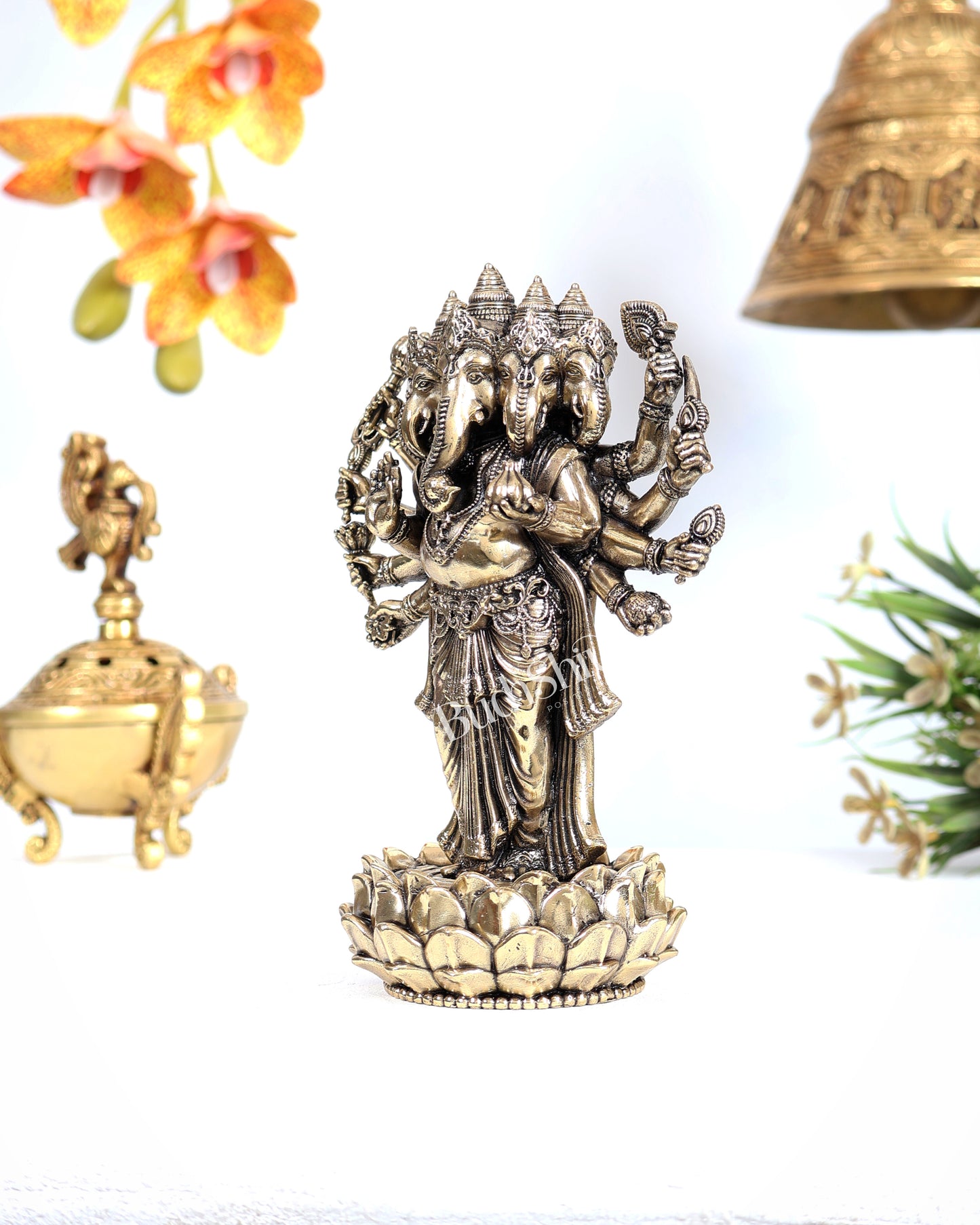 Brass Standing Panchmukhi Ganesha on Lotus – Superfine Divine Sculpture (6.2 Inches)