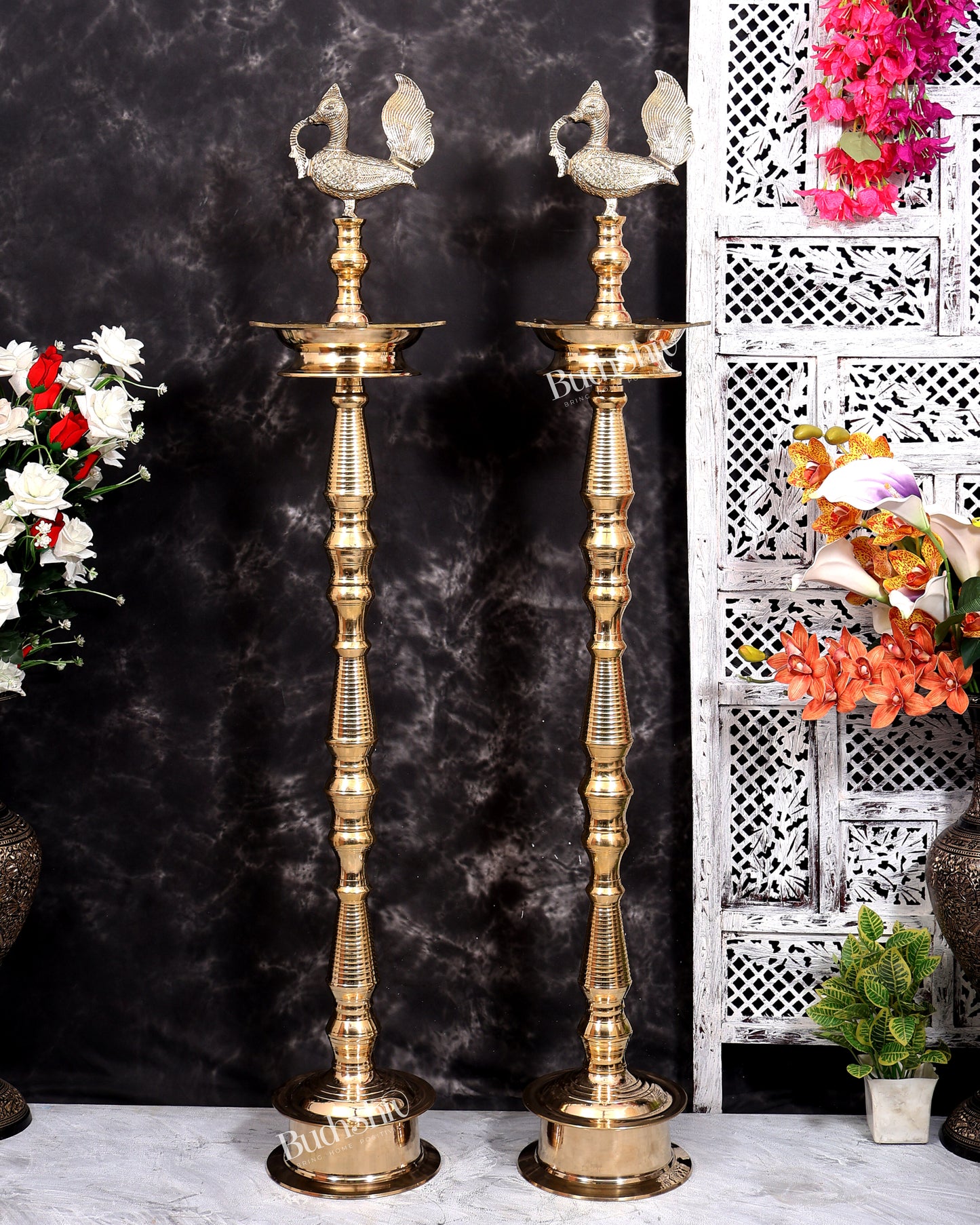 Brass Large Peacock Samai Inauguration Lamp (Pair) 54 inch