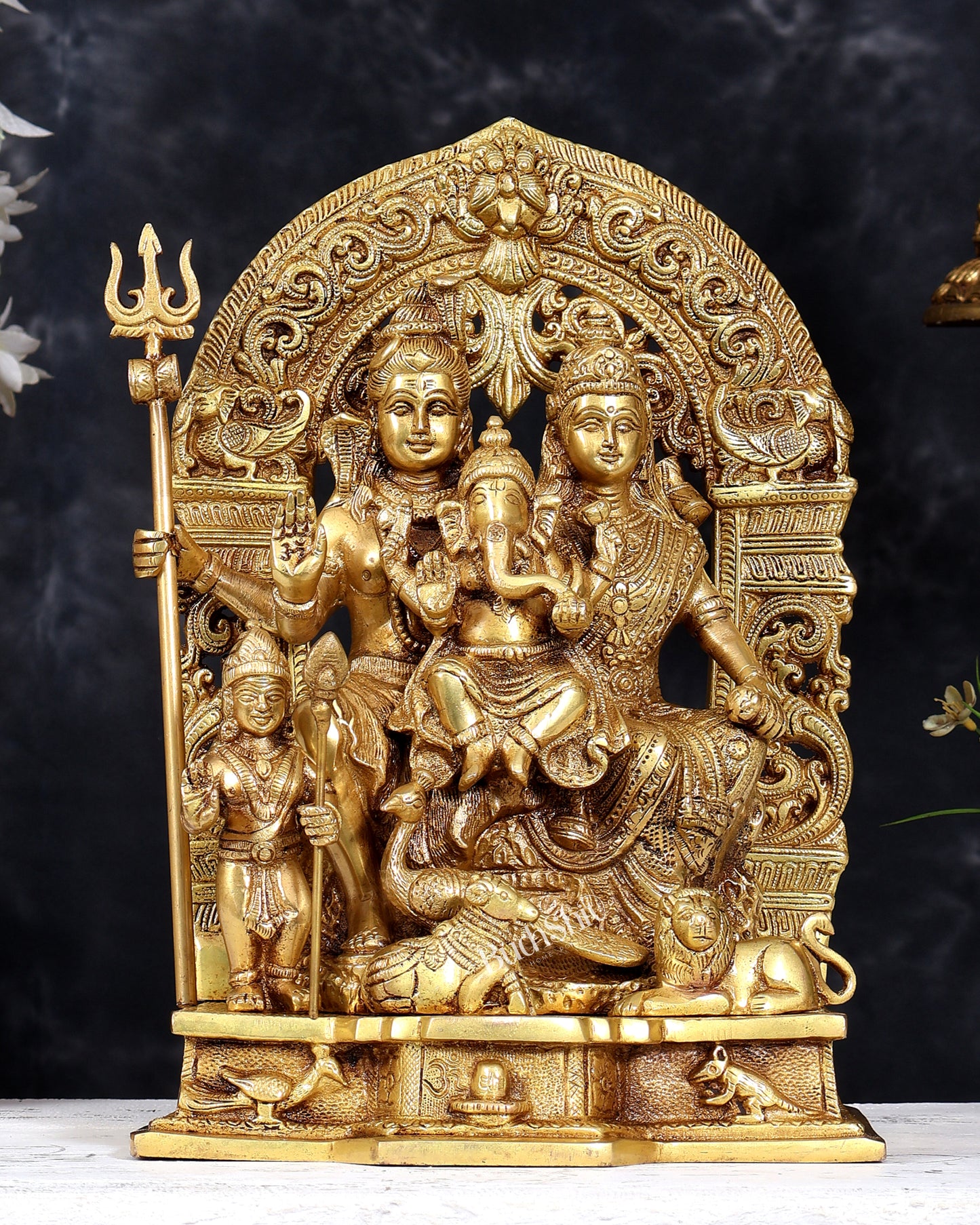Brass Shiv Parivar statue  12 inch matte golden tone