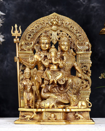 Brass Shiv Parivar statue  12 inch matte golden tone