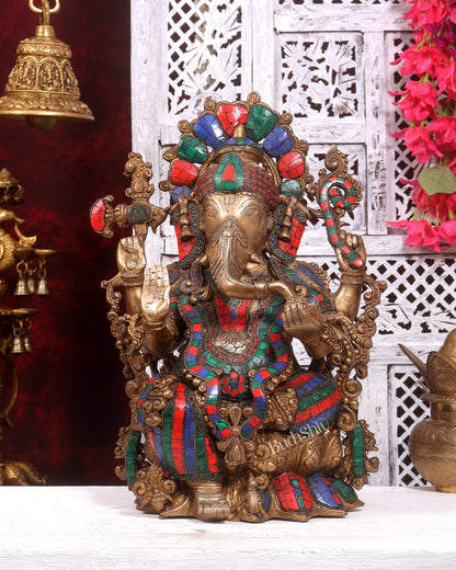 Brass Ganesha Idol antique tone with stonework 16 inch