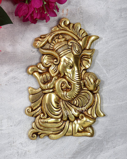 Brass Ganesha Sitting on Mouse Wall Hanging – Auspicious Handcrafted Lord Ganapati Wall Décor 10 inch