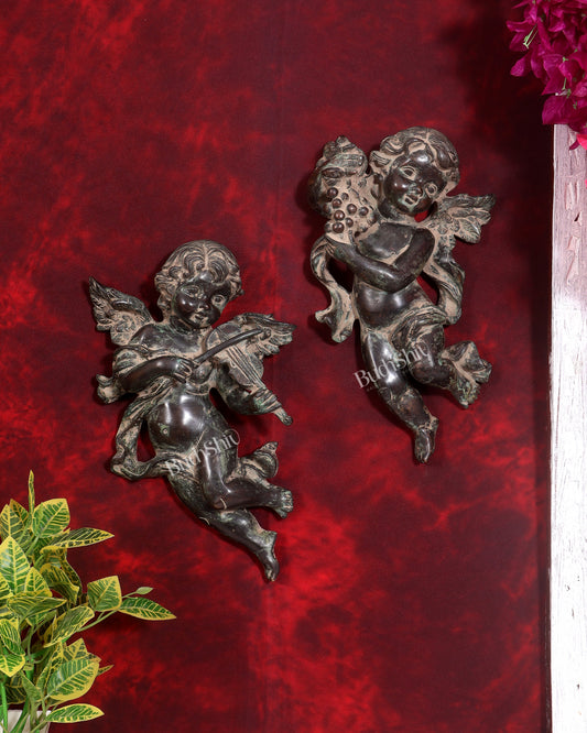 Brass Gothic Cherub Angel Wall Hanging Pair | Grape & Violin Angels | Pure Brass Wall Décor 12 inch vintage patina