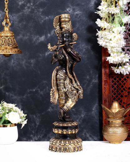 Brass Krishna Statue Unique Design 20 inch black and gold finish