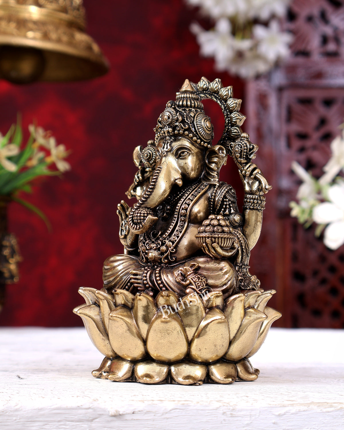 Brass Superfine Ganesha Idol Cross-Legged on Lotus Base 5 inch