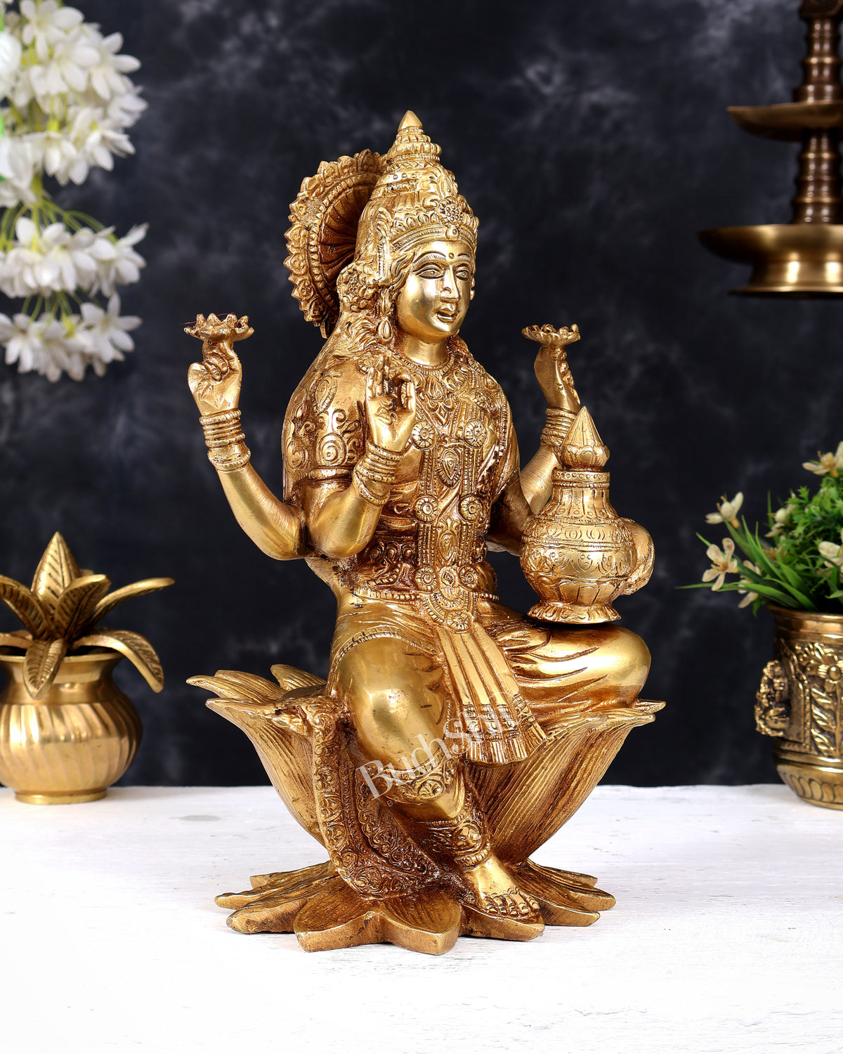 Pure Brass Goddess Dhan Lakshmi on lotus Idol - 12 inch