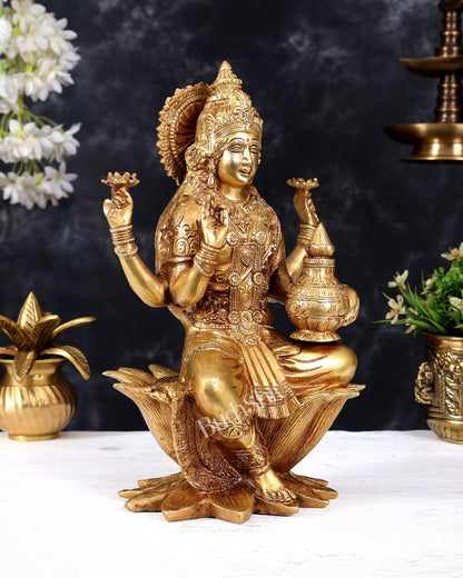 Pure Brass Goddess Dhan Lakshmi on lotus Idol - 12 inch