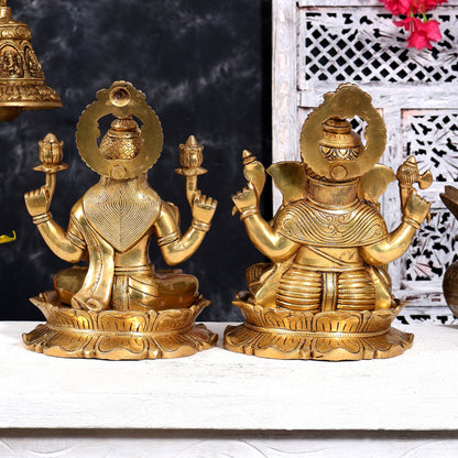 Brass Superfine Ganesha Lakshmi on lotus Pair 10.5 inch