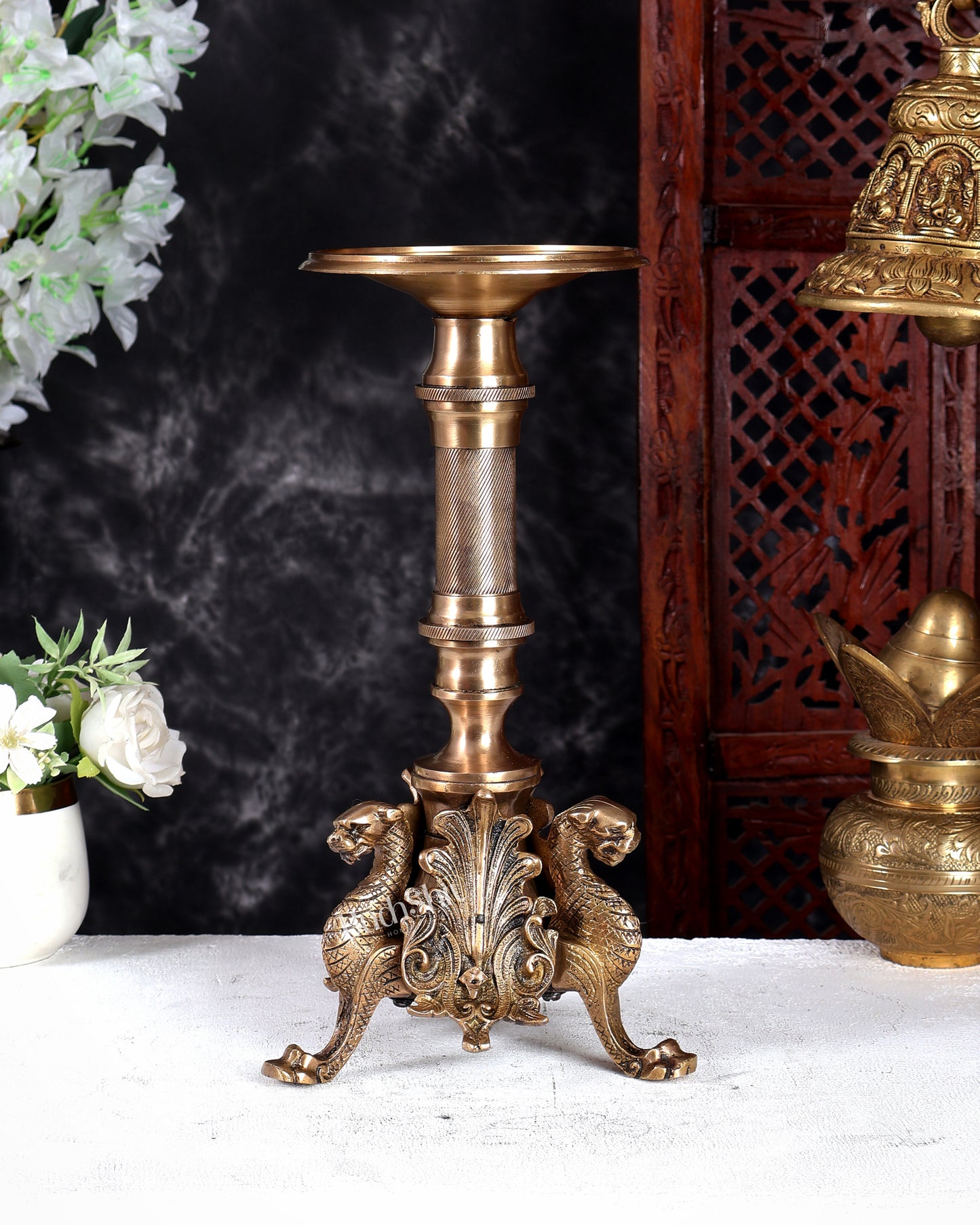Brass Yali Candle Stand – Unique Mythical Guardian Design Decorative Holder (13 Inches)