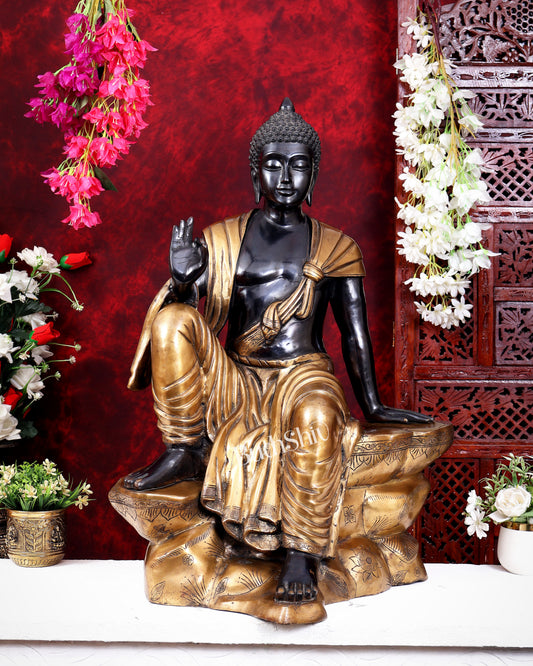 Brass large Buddha Sitting on rock Statue black edition - 30"