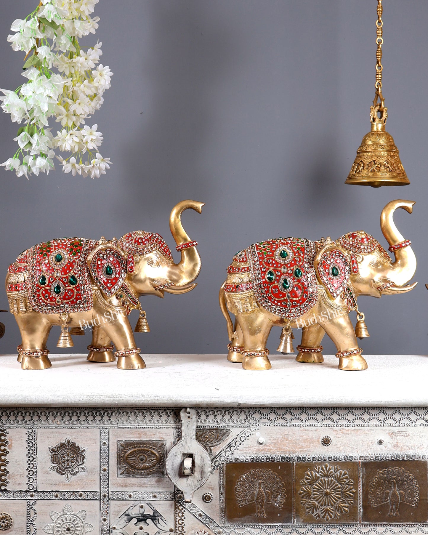 Brass Maharaja Elephant Pair – Rajasthani Meenakari & Stone Work Royal Décor Set (12.5 Inches)